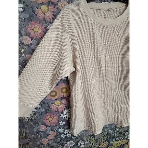 Uniqlo Waffle Knit Long Sleeve Top Beige Crew Neck Casual Pullover L - Picture 3 of 7